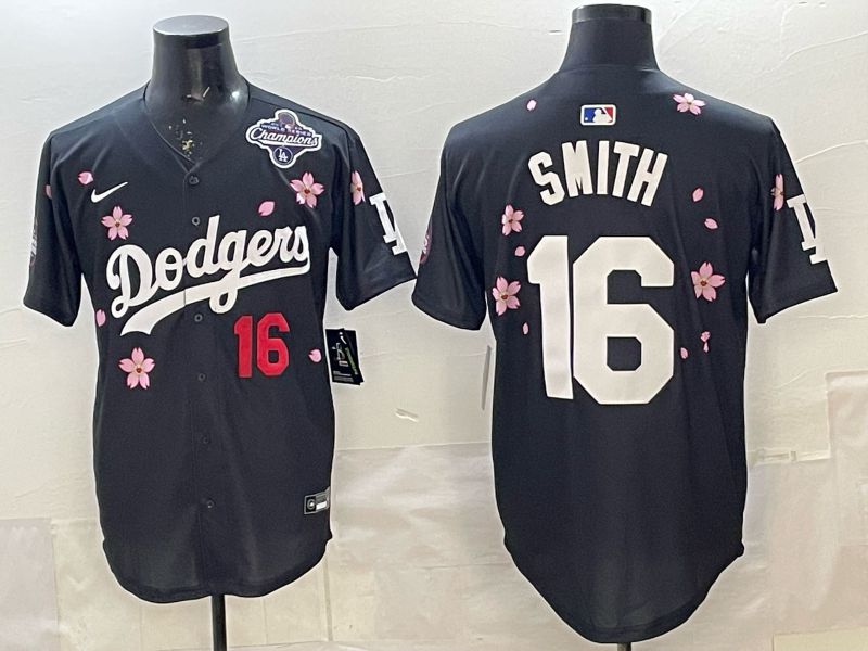 Men Los Angeles Dodgers #16 Smith Black Sakura Edition 2025 Nike MLB Jersey style 7